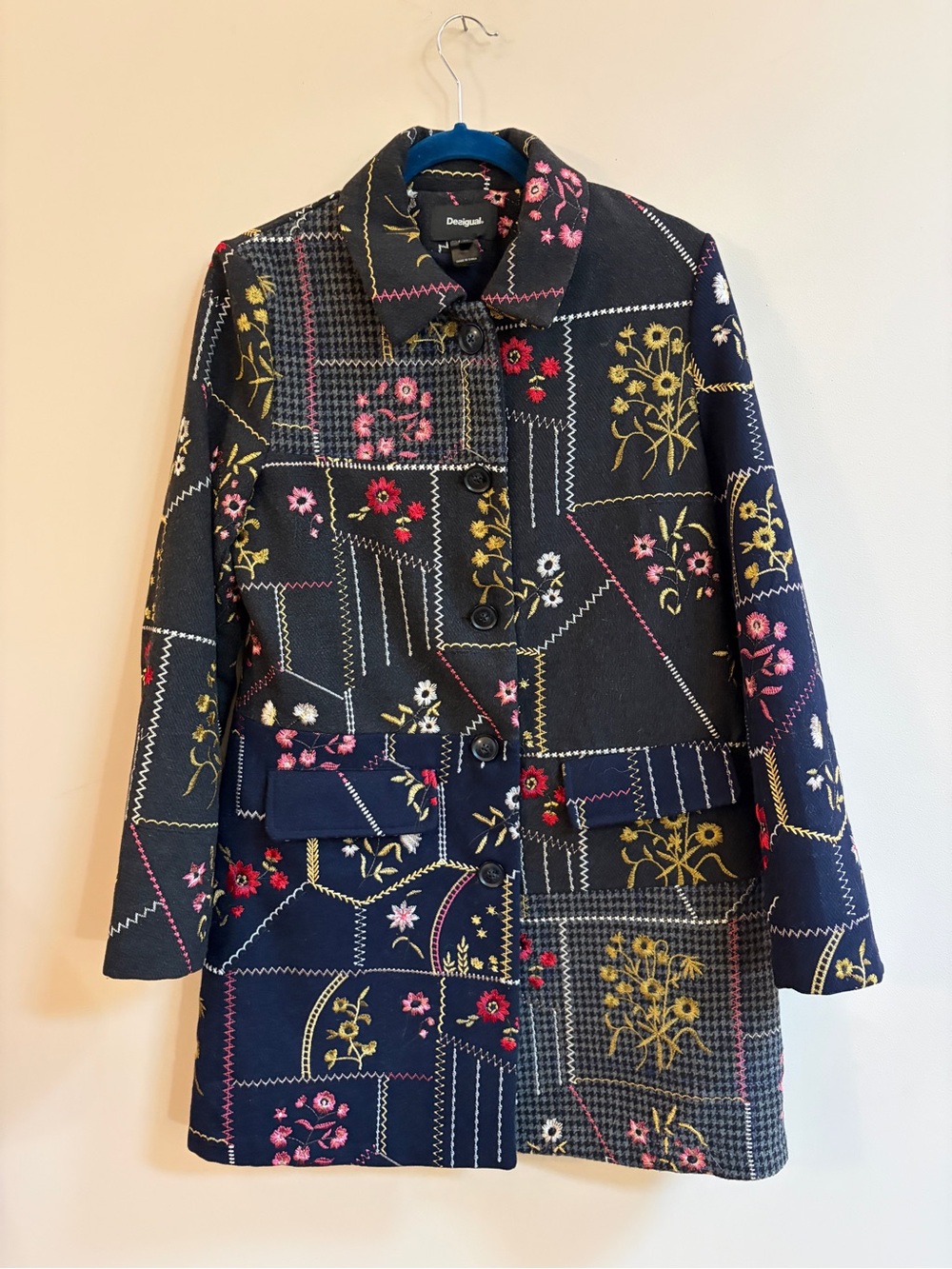 Desigual Abrig Penny Floral Patchwork Embroidered Wool Blend Button Up Coat
